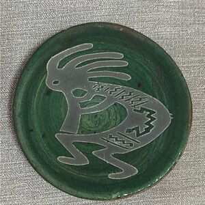 Raku Art Pottery Kokopelli Dish Artist Signed 5.25" Diameter J. Diller